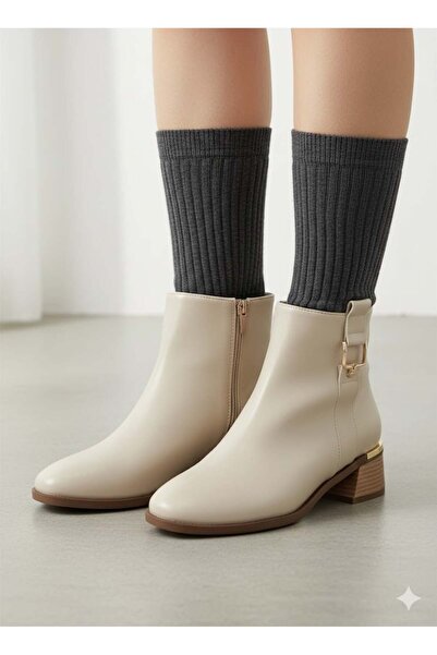 Luvesta Shoes Metal Detailed Heeled Boots Beige