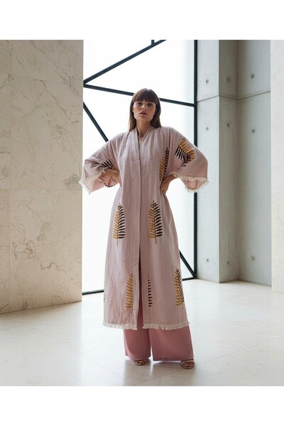 Su Koleksiyon BOHTA PRINTED BOHO STYLE LEAVET PATTERNED COTTON KAFTAN - PINK
