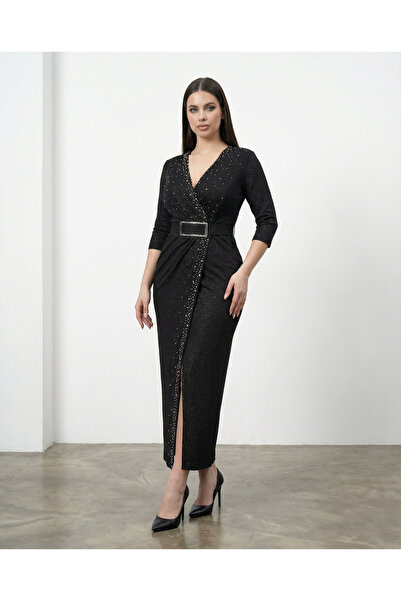 CAREZZA Rochie cu piept dublu cu strasuri si perle - neagra