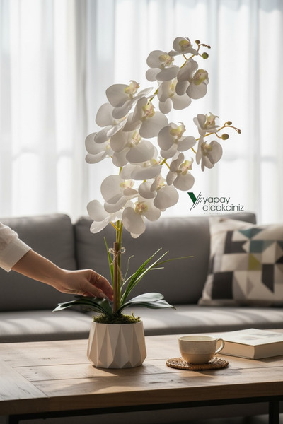 YAPAY ÇİÇEKÇİNİZ Seramik Saksıda 2 Dal Beyaz Islak Orkide