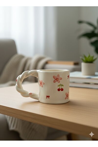 PALTO TASARIM Flower Design Knitted Handle Mug - Gift Ceramic Mug
