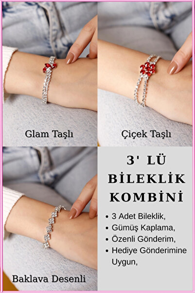 HUBANN 3’lü Kırmızı Taşlı Su Yolu Bileklik Seti | Glam, Çiçek Taşlı & Baklava...