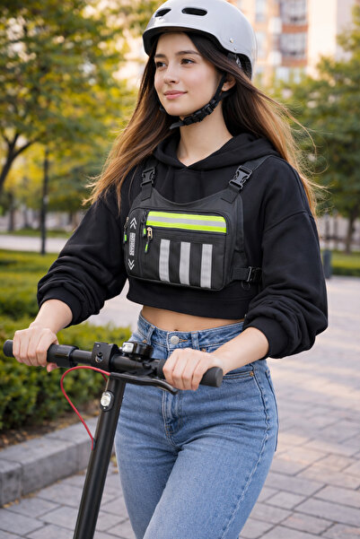 KAFF Siyah Reflektörlü Ayarlanabilir Unisex Çok Bölmeli Göğüs Yelek Motosikle...