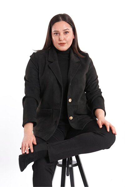 Metpoint Trend42plus Büyük Beden Cep Detaylı Siyah Süet Ceket