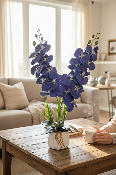 YAPAY ÇİÇEKÇİNİZ Beyaz Renkli Beton Saksıda 2 Dallı Islak Dokulu Yüksek Kalit...