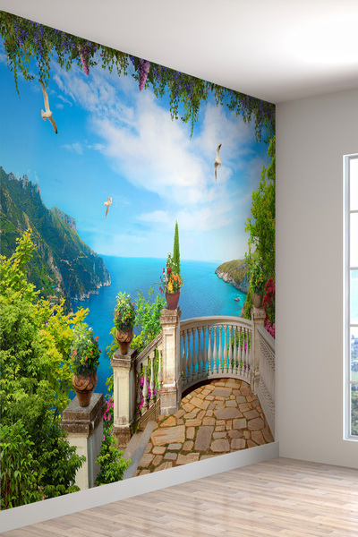 dreamwall Deniz Manzaralı Balkon Desenli Tekstil Duvar Kağıdı