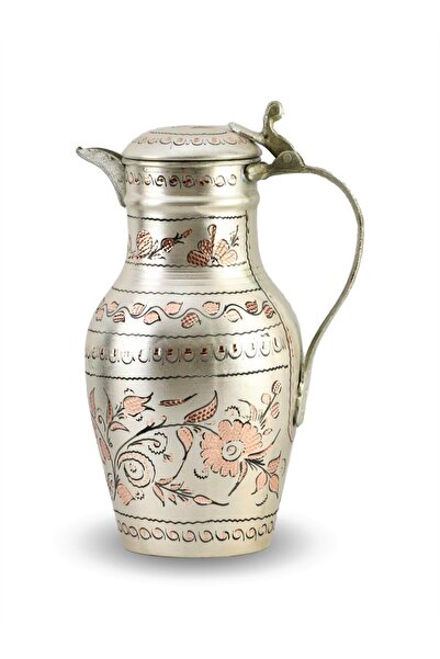 Sonay Bakırcılık Gül Çiçek İşlemeli Gümüş Kaplamalı Debbe Bakır Sürahi