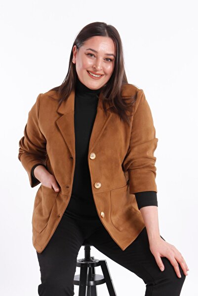 Metpoint Trend42plus Büyük Beden Cep Detaylı Kahverengi Süet Ceket