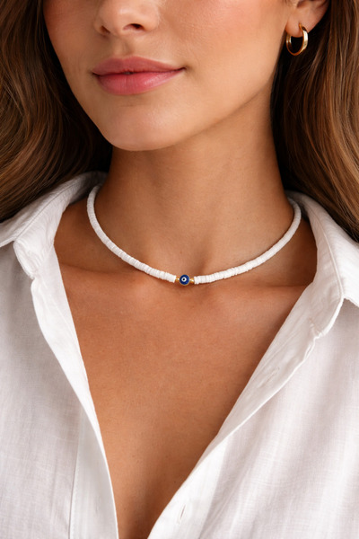 HERCY قلادة فيمو بيضاء رفيعة مرصعة بخرز العين الشريرة |   قلادة نسائية صيفية ...