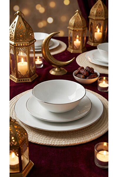 KÜTAHYA HOME Porselen GÜMÜŞ Krem Yemek Takımı | Günlük ve Misafir 24 Parça Tulu