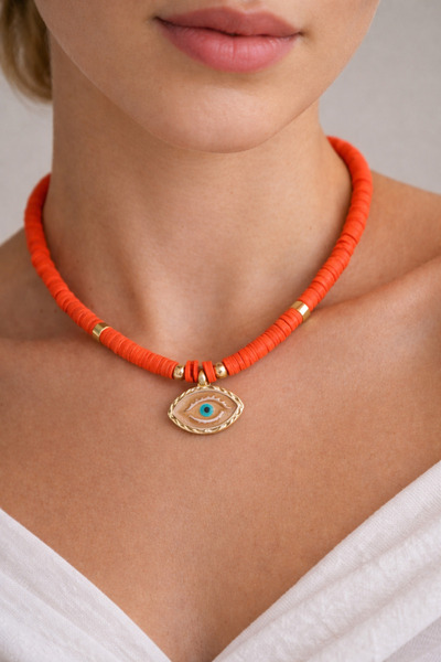 HERCY قلادة فيمو برتقالية اللون |   قلادة صيفية |   قلادة العين الزرقاء