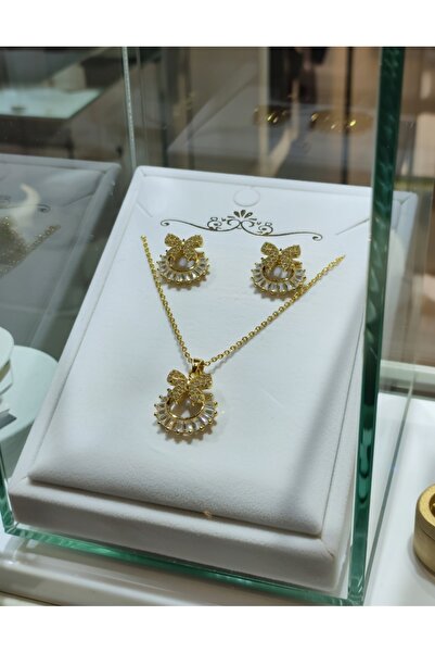 Jadem Gold Zirkon Taşlı Paslanmaz Çelik Küpe Kolye Set