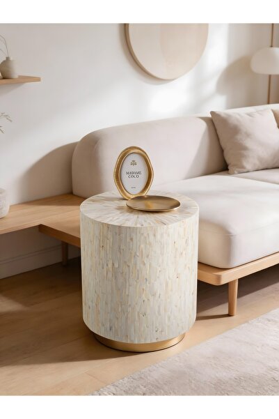 Lisso Solenne Beyaz Doğal Kaplama Lüks El İşçiliği Yan Sehpa / Tabure 40x40 H:45