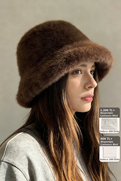 Shylyn Kalınlaşmış Kısa Şapka Kenarı Yuvarlak Başlık Kahverengi Tüy Şapka