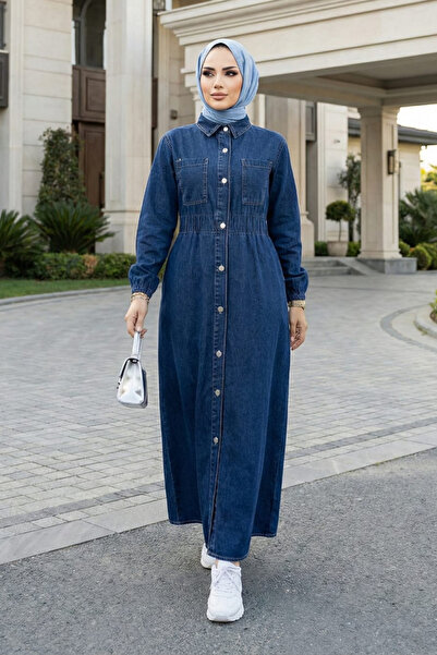 Hb Harma Time Butik فستان نسائي أزرق داكن من الدنيم مع خصر مطاطي وتفاصيل جيوب