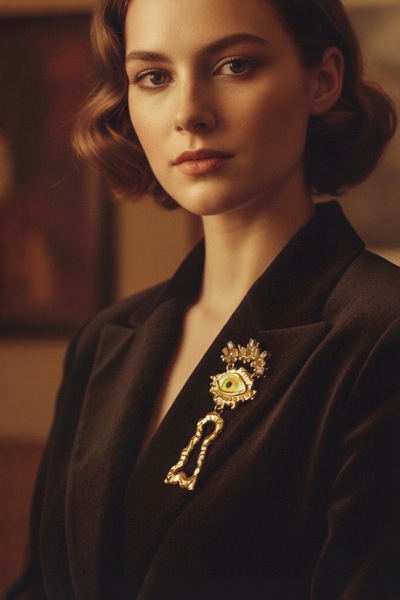 model aksesuar Vintage Modern Göz Mat Altın Sallantlı Tasarım Broş