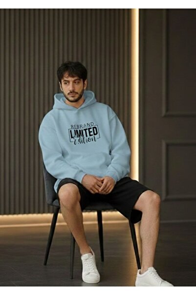 REBRAND Fleece-Lined Sweatpants Shorts Set Printed Oversized Hooded Sweatshir...