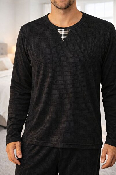 GAMDELLE MODA Men's Premium Black Plaid Elbow Detailed Long Sleeve Pajama Set