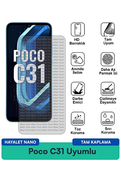 Milat Tech طبقة حماية للشاشة من Poco C31 Hayalet Nano تمنع بصمات الأصابع ومضا...