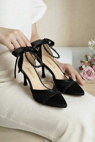 Famels أحذية بكعب قصير مزينة باللؤلؤ والشبك، أحذية سهرة شبكية للحفلات المسائية