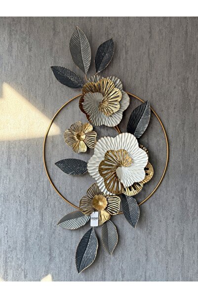 YASAR CONCEPT Lunaflora Metal Duvar Panosu Gri Beyaz Gold 59x119 Cm