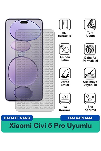 Milat Tech فيلم حماية الشاشة Xiaomi Civi 5 Pro Hayalet Nano سهل التطبيق وممتص...