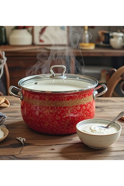 EBRULİEMAYE Red Ethnic Lux Enamel Pot 5 Liters 24 cm Diameter Milk Yogurt Sou...