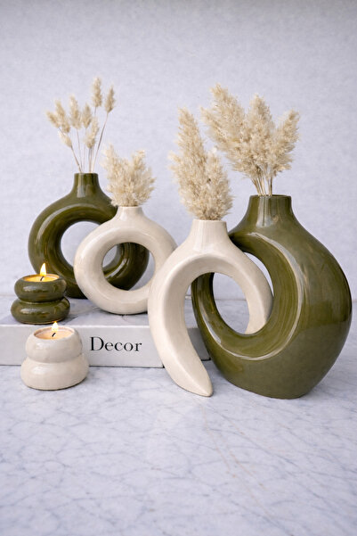 Luthien Parlak Vernikli Sarmaşık Vazo, Donut Vazo ve Şamdan Seti