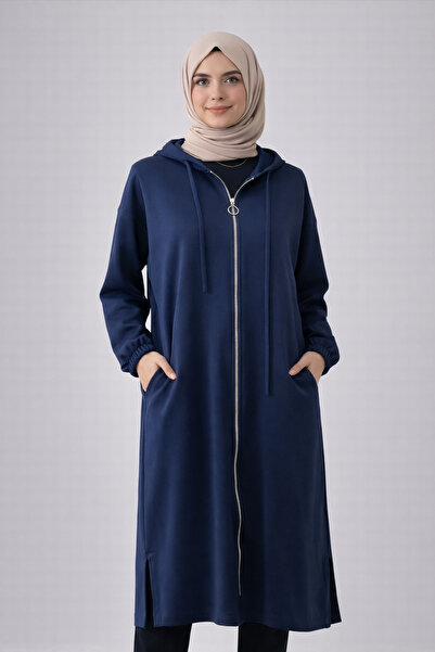 Nirva Butik Lacivert Modal Kumaş Kapşonlu Fermuarlı Kap Hırka