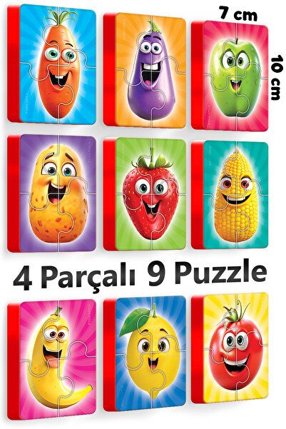 EVAKANCA 4 Parçalı 9 Adet Kalın EVA Puzzle Yapboz Meyve Sebzeler