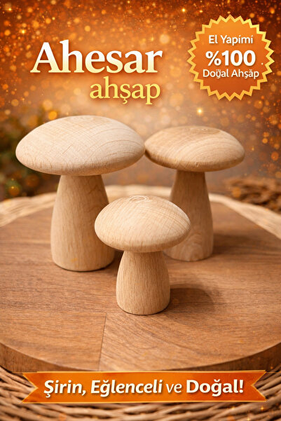 AHESAR TİCARET Ahşap 3 lü mantar minik doğal organik ahşap seti dekoratif obje