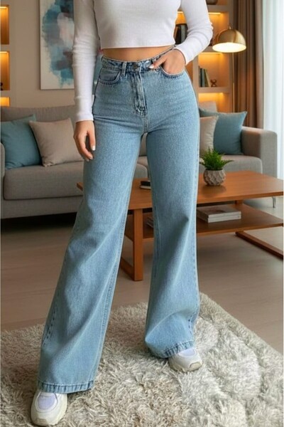 BİENAL BUTİK Zera Light Snow Wash Blue Stretch Fabric Super High Waist Loose ...