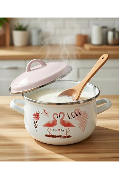 EBRULİEMAYE Flamingo Enamel Deep Pot 4 Liters 22 cm Diameter Milk Yogurt Soup...