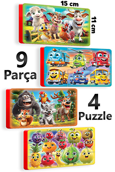 EVAKANCA Meyve-Taşıt-Orman-Çiftlik 9 Parçalı 4 Adet Kalın Puzzle Yapboz