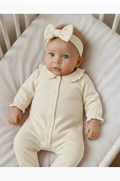 PARK BEBE Daisy %100 Pamuklu Bebe Yaka Çiçek Detaylı Bandanalı Kız Bebek Tulum