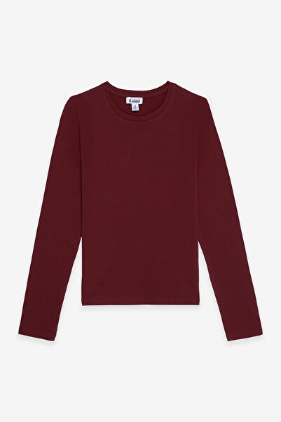 COMMON MELON Kadın Yuvarlak Yaka Uzun Kollu Basic Pamuklu Bluz Bordo
