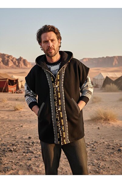 Su Koleksiyon Tuna Hooded Fleece Vest with Kilim Detail / Black