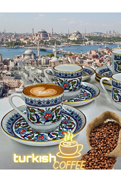 SAMSA طقم فناجين قهوة تركية كلاسيكية من البورسلين المزخرف بنمط الإيزنيك المذه...