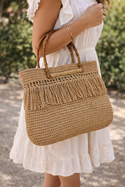 Store Hasır Motifli Tarçın Püsküllü Çanta