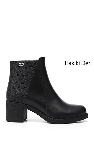 GÖNDERİ(R) حذاء نسائي أسود بسحاب وكعب سميك من الجلد الطبيعي