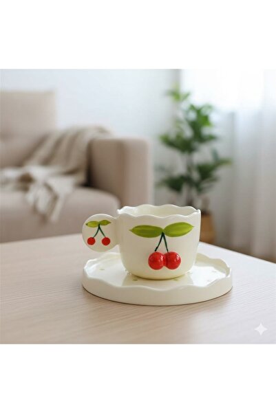 PALTO TASARIM فنجان شاي بتصميم الكرز مع صحن - كوب سيراميك للهدايا