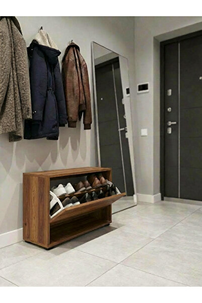 Pratico Mono Düşer Kapak Ceviz Ayakkabılık Tek Raflı Ayakkabılık 1 Bölmeli