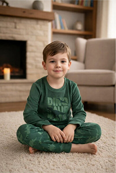 DOFİ Erkek 1720 Çocuk Super Soft Dinazor Desenli Pijama Takımı - YEŞİL