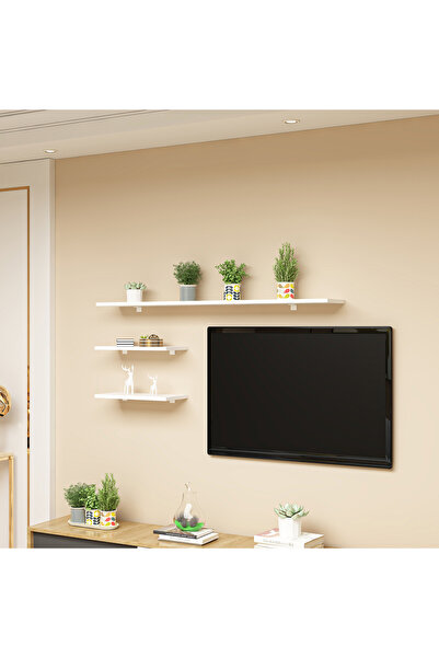 Ninnimo Marry 3'lü Beyaz Mdf Uçan Duvar Rafı Dekoratif TV Ünitesi Kitaplık