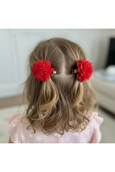BTRENDY Kız çocuk çiçekli dolgun 2’li klips toka kırmızı