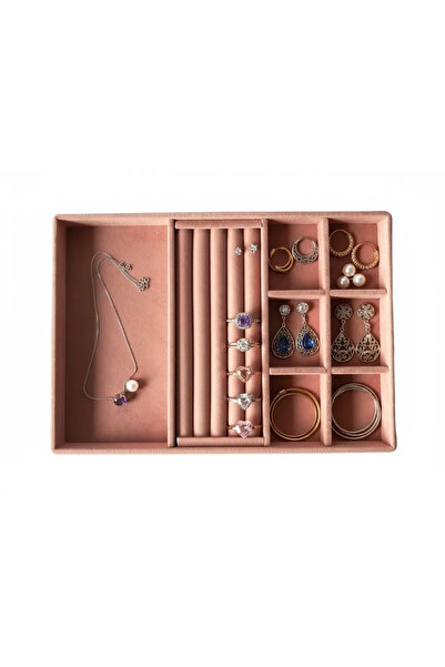 Aydın Decor Cutie de bijuterii cu inel roz din piele intoarsa, cercei, bratar...