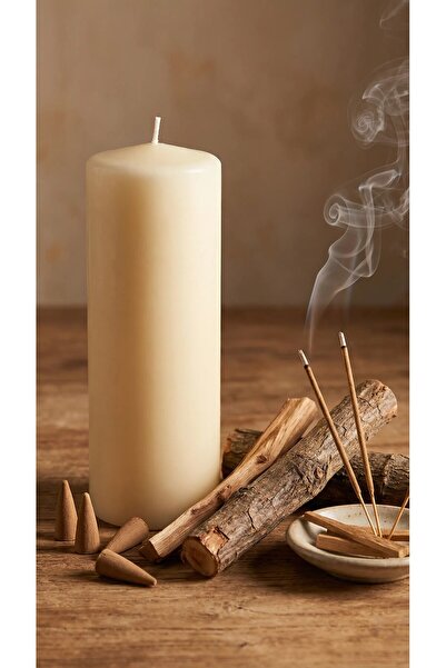 Paşa Cam Silindir Kütük Mum Krem Lavanta Kokulu Genişlik 8 Cm - Yükseklik  20 Cm