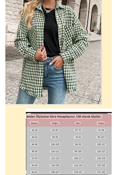 By Hande Alkan Women's Plus Size Houndstooth Pattern Tweed Loose Shirt