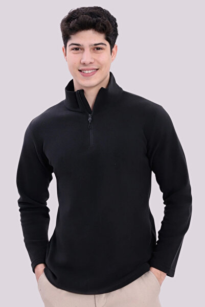 Gizrain Erkek Siyah Dik Yaka Yarım Fermuarlı Basic Sweatshirt