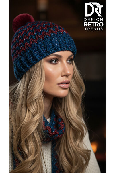drt tasarım قبعة نسائية محبوكة يدويًا باللون الأزرق والأحمر المخطط بوم بوم